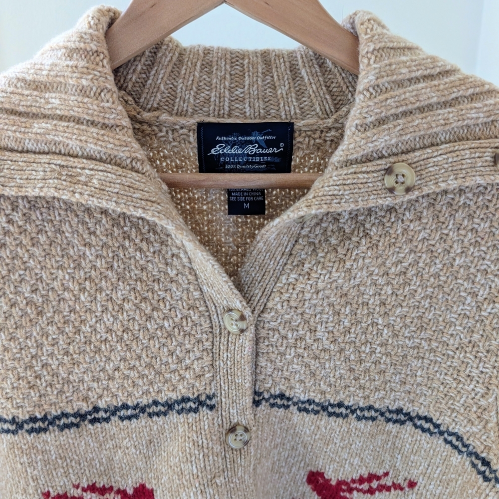 Vintage Eddie Bauer Ski Patterned Button Front Collared Wool Cardigan Sweater - Picture 4 of 7